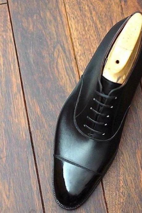Handmade Black Cap toe Leather Office Shoes
