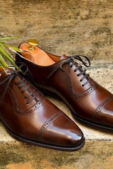 Luxury Men's Hand Stitch Brown Oxfords Cap Toe Lace Up Shoes