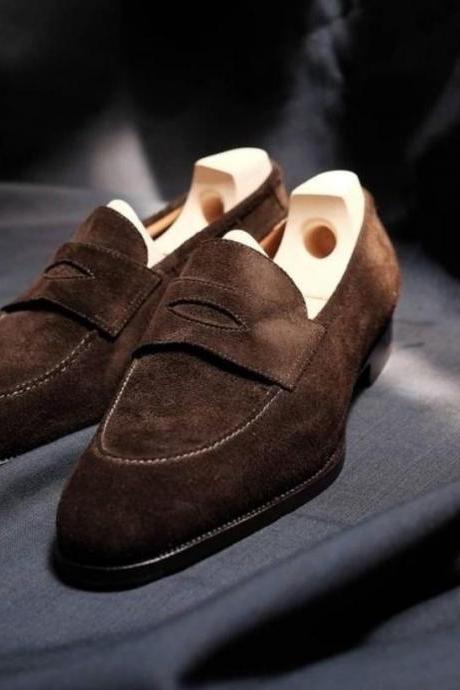 Elegant Men's Hand Made Chocolate Brown Moccasin Shoes, Loafer In Genuine Suede Shoes