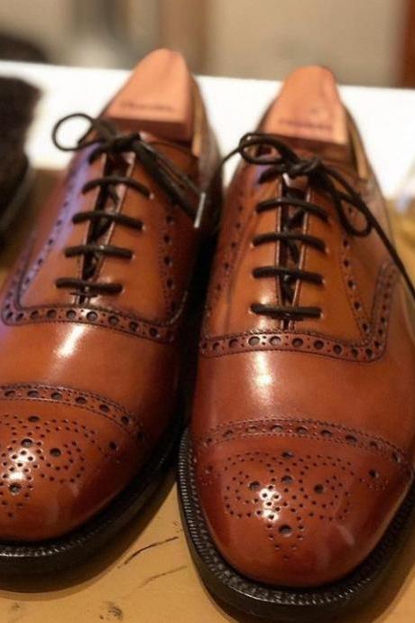 Classic Men's Handmade Oxfords Brown Brogue Leather Lace Up Shoes