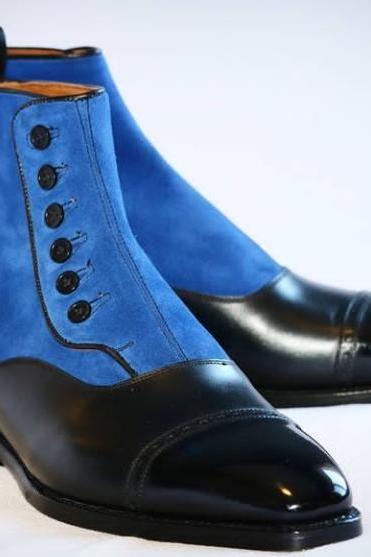 Luxury Adult Blue Black Tone Cap Toe Leather Suede Button Boot
