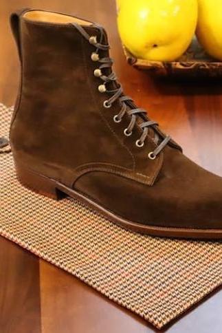 Handmade Chocolate Brown Ankle High Rangers Suede Lace Up Boot