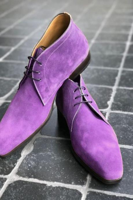 Classic Men' s Handmade Purple Chukka Lace Up Suede Boot