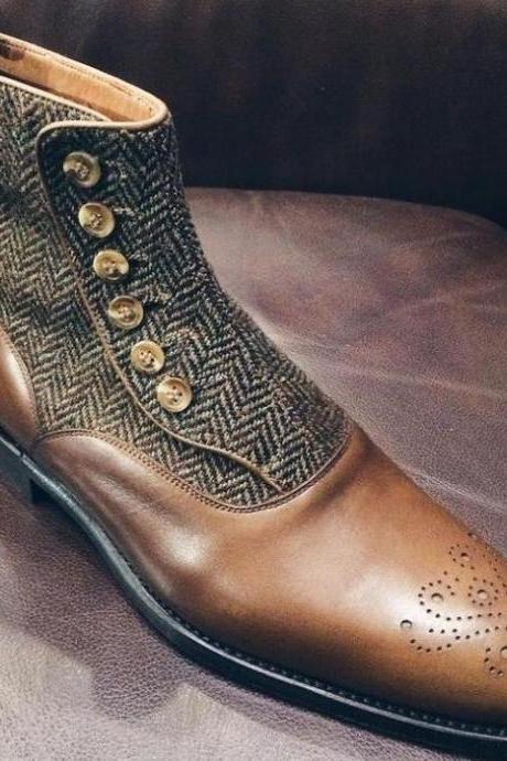 Luxury Men&#039;s Hand Stitch Two Tone Leather Tweed Button Boot
