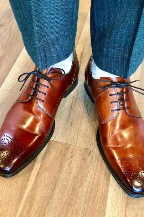 Awesome Wear Men's Hand Stitch Brown Leather Lace Up Office Shoes