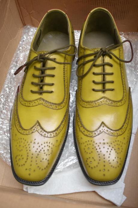 Classic Men's Hand Stitch Yellow Oxfords Wingtip Shoes, Lace Up Leather Formal Shoes