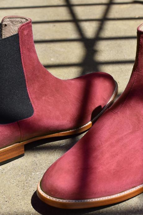 Elegant Men's Handmade Red Chelsea Boot, Genuine Suede Formal Soot