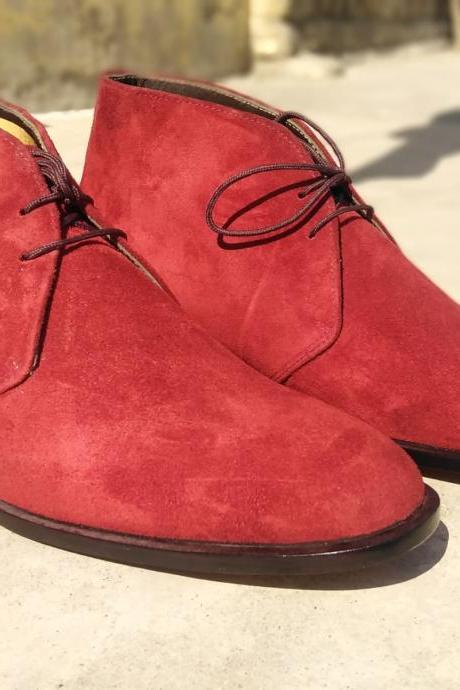 New Handmade Red Chukka Lace Up Genuine Suede Formal Shoes