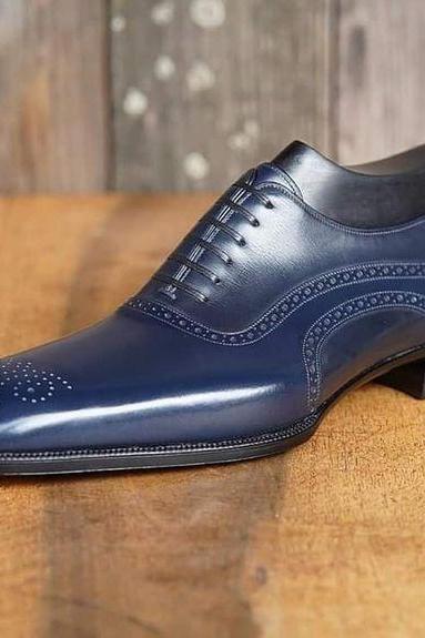 New Men's Hand Stitch Navy Blue Shoes, Brogue Leather Lace Up Formal Shoes