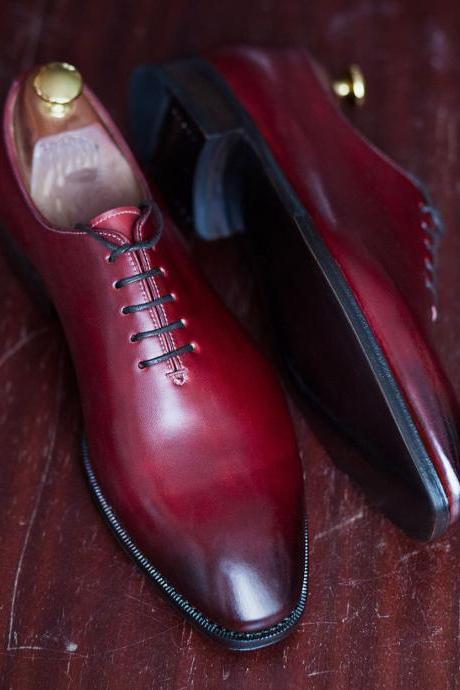 Classic Men's Hand Stitch Burgundy Shoes, Genuine Leather Derby Formal Lace Up Shoes