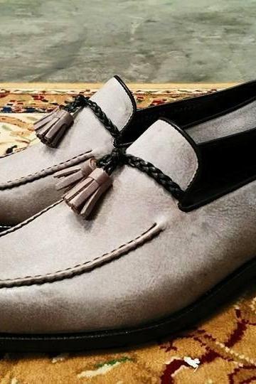 Graceful Grey Leather Beautiful Tassels Loafer Slips On Moccasin Dress Formal Handmade Dress Shoes