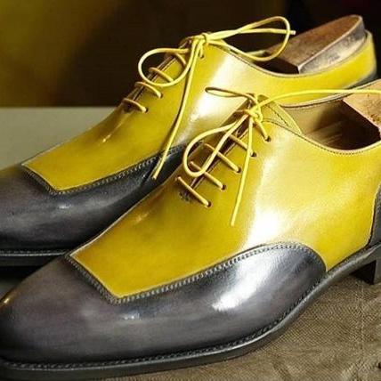 Elegant Handmade Men's Yellow And Gray Color Leather Lace Up Fashion ...