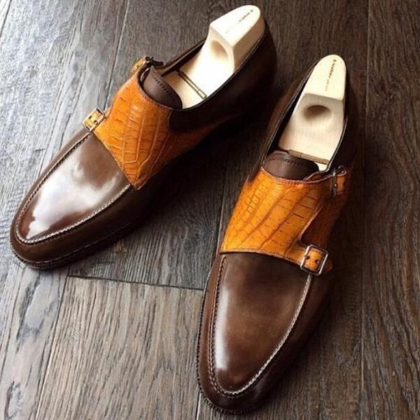 Western Style Hand Stitch Men's Chocolate Brown Orange Double Monk Strap Formal Shoes
