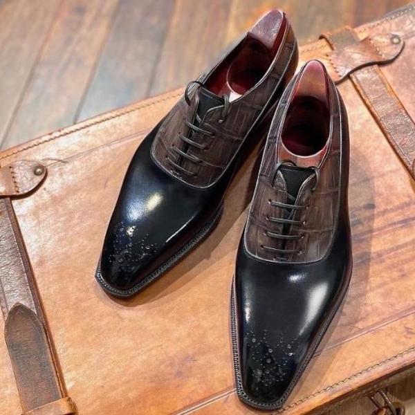 Trendy Men's Black Brown Alligator Leather Shoes, Handmade Brogue Lace Up Wedding Shoes