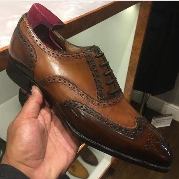 Trendy Men's Brown Oxfords Wingtip Genuine Leather Lace Up Wedding Shoes