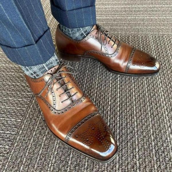 Elegant Men's Hand Stitch Brown Oxfords Cap Toe Lace Up Leather Shoes
