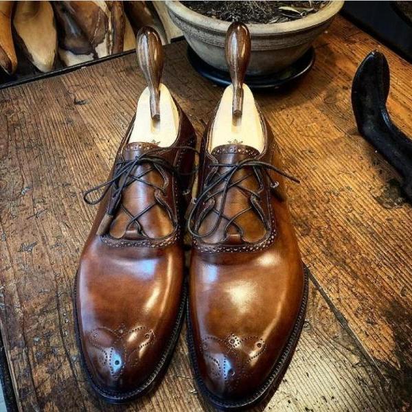 Elegant Men's Hand Stitch Brown Brogue Lace Up Leather Wedding Shoes