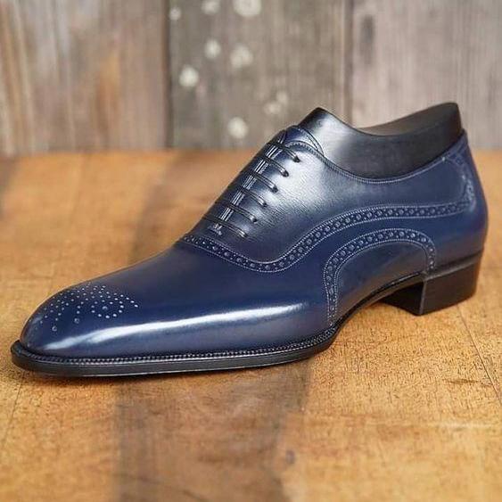 New Men's Hand Stitch Navy Blue Shoes, Brogue Leather Lace Up Formal Shoes