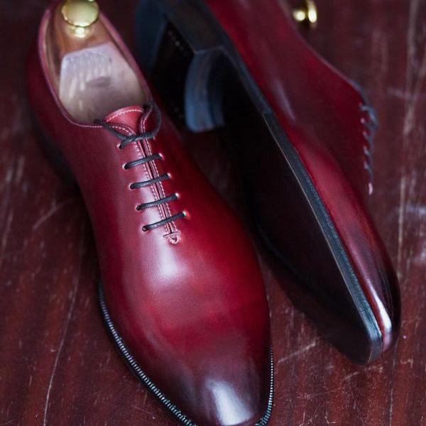 Classic Men's Hand Stitch Burgundy Shoes, Genuine Leather Derby Formal Lace Up Shoes